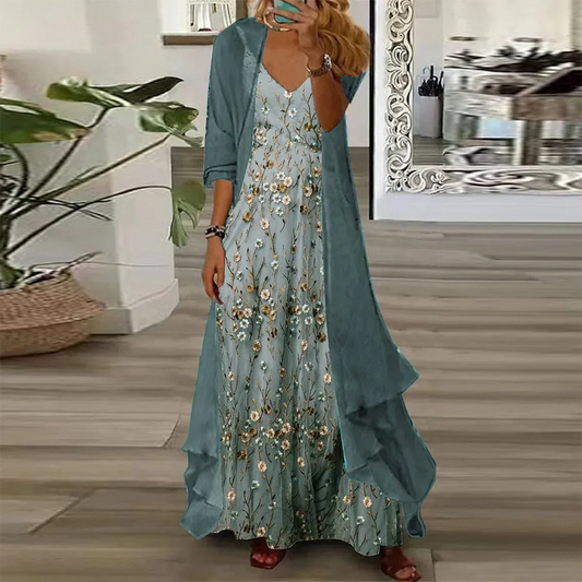 JO | Youthful ditsy floral print maxi dress with thin jacket Two-piece outfits