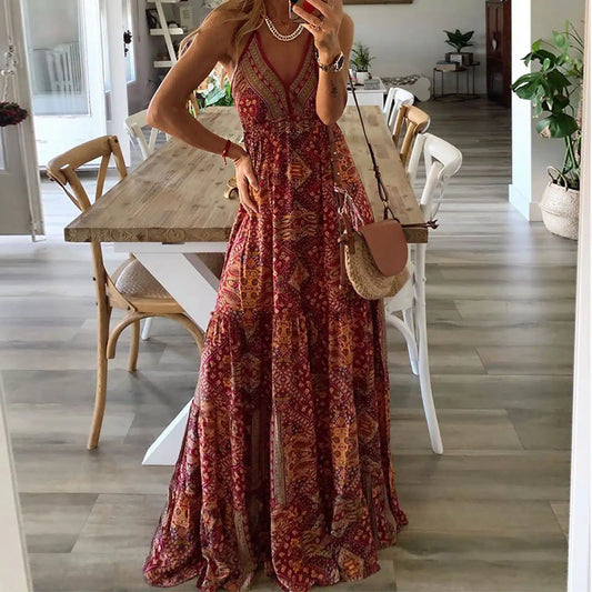 JO | Red bohemian-chic maxi dress with thin straps and print