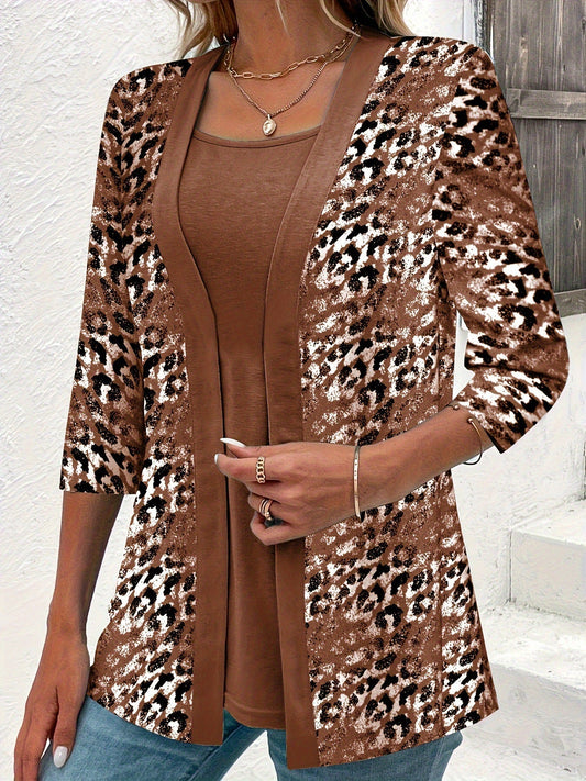 JO Two-piece set, plain top and cardigan with leopard print
