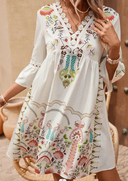 JO | 2025 Ladies Dress Summer Vacation V-Neck Long Sleeve Floral Print Beach Party Dresses Sexy Mini Clothes For Women Vestidos