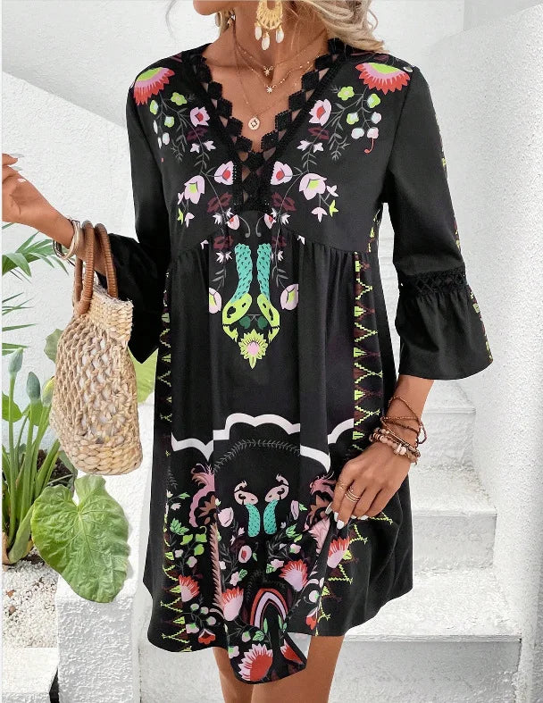 JO | 2025 Ladies Dress Summer Vacation V-Neck Long Sleeve Floral Print Beach Party Dresses Sexy Mini Clothes For Women Vestidos