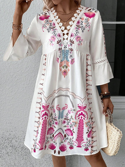 JO | 2025 Ladies Dress Summer Vacation V-Neck Long Sleeve Floral Print Beach Party Dresses Sexy Mini Clothes For Women Vestidos