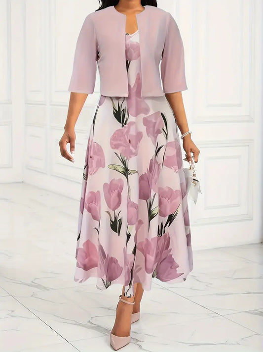 JO | Floral maxi dress with V-neck and cardigan for women