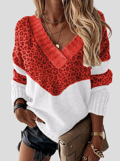 Women's Sweaters Leopard Print Stitching V-Neck Long Sleeve Sweater - LuckyFash™